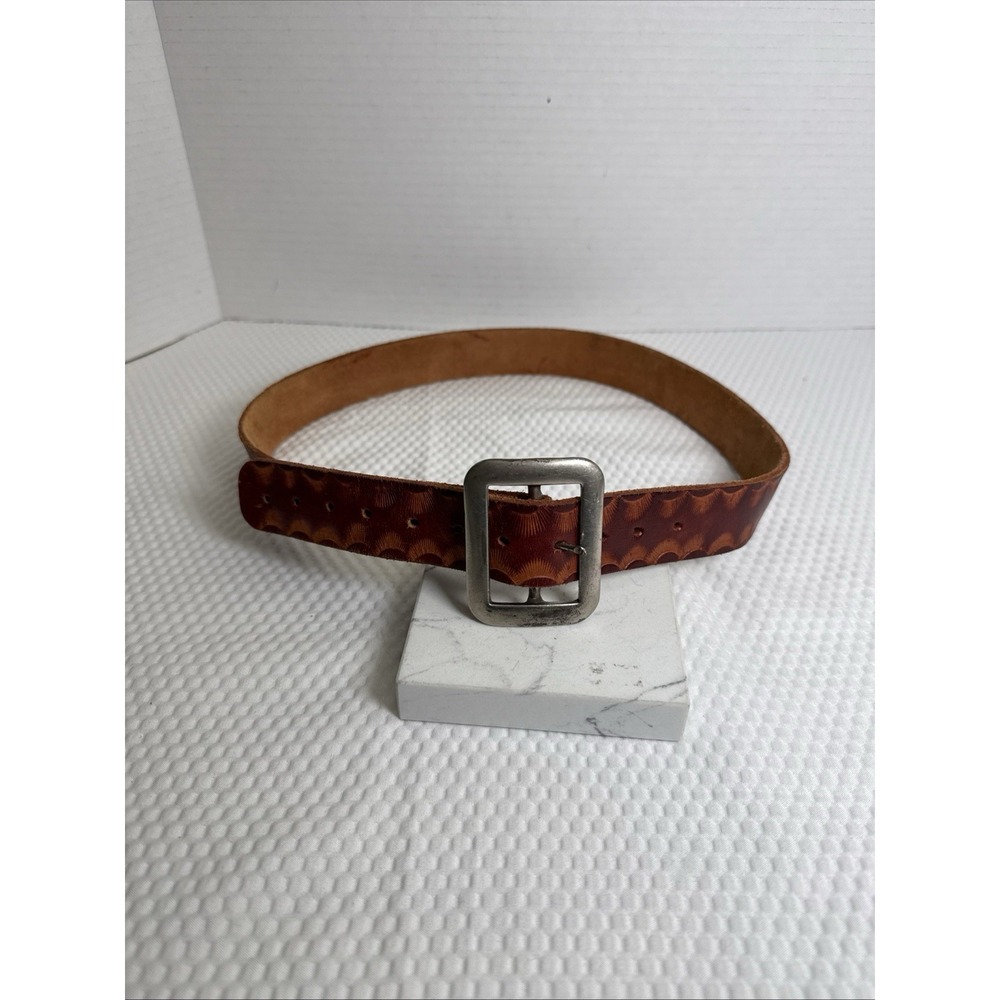 Unbranded 1.25" Unisex Tooled Leather Belt Brown Sm Buckle-End 36" 7.5"Holes